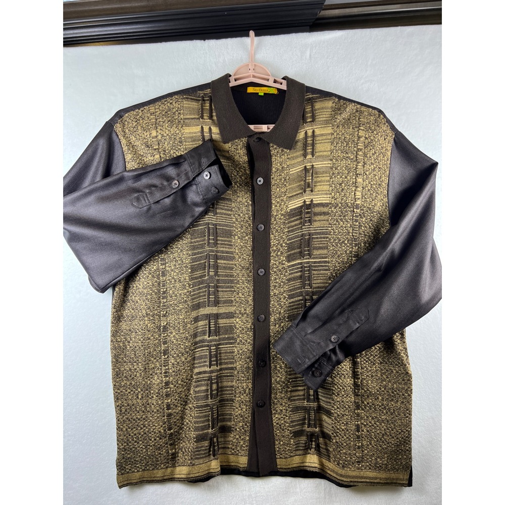 Silversilk Mens 2XL Black Gold Knit Panel Button Up Shirt Retro Y2K Luxury